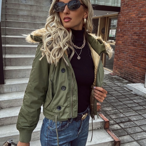 Vegan fur olive zipper button fall hoodie jacket - Picture 3 of 6